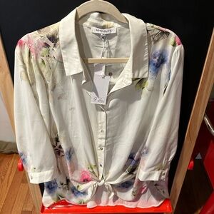 Rose +olive white blouse with pretty flowers button down